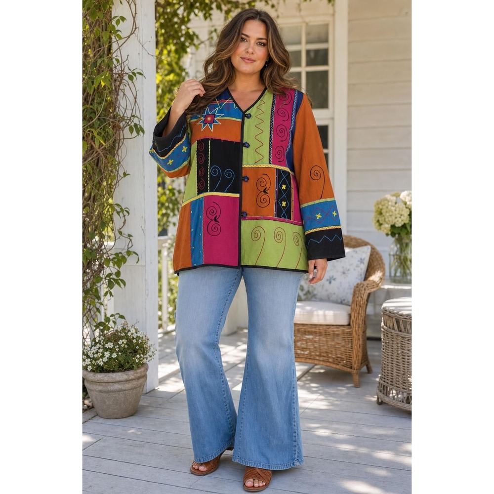 Indigo Moon Patchwork Jacket Women's 1X Funky Retro Boho Artsy Embroidered Indie